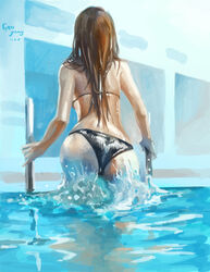  ass bikini blue_theme brown_hair commentary_request facing_away female flameskevin from_behind long_hair original pool realistic solo swimsuit water wet wet_hair 