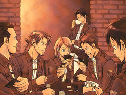  5boys ace_(playing_card) ace_of_spades auruo_bossard brown_hair card commentary_request cup emblem erd_gin eren_yeager female gunter_shulz jack_(playing_card) jack_of_spades jacket king_(playing_card) king_of_spades levi_(shingeki_no_kyojin) multiple_boys paradis_military_uniform petra_ral photoshop_(medium) playing_card playing_games poker poker_chip queen_(playing_card) queen_of_spades royal_flush shingeki_no_kyojin smile spade_(shape) survey_corps_(emblem) sweatdrop teacup ten_of_spades uniform yappo_(point71) 