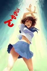  abs arms_up bad_deviantart_id bad_id brown_eyes brown_hair character_name female hallelujah_pose kill_la_kill mankanshoku_mako navel ochrejelly school_uniform short_hair signature skirt solo translated 