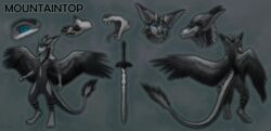  anthro dragon dsw7 feathered_dragon feathered_scalie feathers front_and_back front_view grey_background hi_res melee_weapon model_sheet mountaintop mythological_creature mythological_scalie mythology rear_view scalie simple_background solo sword tail weapon 