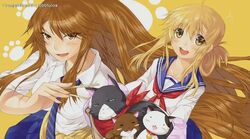  bell blonde_hair cats chopsticks collar golden_eyes kaede_mizuno kanako_sumiyoshi long_brown_hair neko nekos_in_a_basket nyamsus nyan_koi! open_mouth paw_prints red_scarf school_uniform tama 