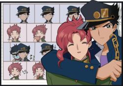  2boys black_hair cardcaptor_sakura chains commentary_request gakuran green_eyes hat jojo_no_kimyou_na_bouken kakyoin_noriaki kujo_jotaro male_focus morphin_e multiple_boys parody red_hair school_uniform stardust_crusaders style_parody 