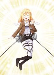  blonde_hair boots closed_eyes commentary_request female jacket krista_lenz mikami_shiori open_mouth paradis_military_uniform parody photoshop_(medium) shingeki_no_kyojin short_hair smile solo thigh_strap three-dimensional_maneuver_gear uniform utsurogi_angu voice_actor_connection wings wire yuru_yuri 