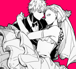  2boys bald bare_shoulders black_sclera bow bowtie bridal_veil crossdressing cyborg doudoude_dou dress elbow_gloves formal genos gloves gown male_focus multiple_boys one-punch_man saitama_(one-punch_man) suit tuxedo veil wedding_dress yaoi 