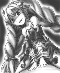  braid commentary_request duel_monster female greyscale hair_bobbles hair_ornament long_hair looking_at_viewer monochrome pataneet solo traptrix_atrax twin_braids yu-gi-oh! 