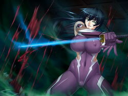  black_hair bodysuit breasts covered_navel erect_nipples female female game_cg green_eyes huge_breasts igawa_asagi kagami_hirotaka large_breasts lilith-soft long_hair parted_lips pose solo taimanin_asagi taimanin_asagi_3 weapon 