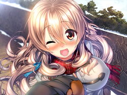  amakano blush breasts brown_eyes brown_hair coat female game_cg hoshikawa_koharu large_breasts long_hair open_mouth piromizu scarf wink 