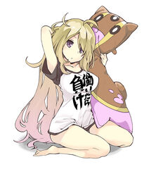  barefoot blonde_hair bottomless breasts clothes_writing commentary_request cosplay cynthia_(pokemon) doll female futaba_anzu futaba_anzu_(cosplay) gastrodon gastrodon_(west) gradient_hair head_tilt idolmaster idolmaster_cinderella_girls large_breasts long_hair makusu multicolored_hair naked_shirt pokemon purple_eyes raglan_sleeves shirt sitting solo t-shirt wariza you_work_you_lose 