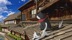  blue_sky cats clouds neko nyamsus nyan_koi! red_neckerchief rooftop satellite_dish tabbi_cat tama telephone_wire tile_roof 