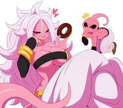  1boy android_21 breasts curvy donut dragon_ball dragon_ball_fighterz eric_lowery female food large_breasts long_hair looking_at_viewer majin_android_21 majin_buu naughty_face sexually_suggestive shiny_skin sitting smile tail 