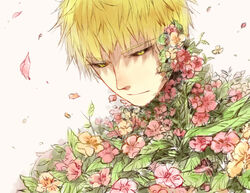  1boy black_sclera blonde_hair cyborg doudoude_dou flower genos male_focus one-punch_man petals solo yellow_eyes 