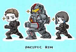  1boy bob_cut bodysuit chibi commentary_request drivesuit female gipsy_danger jaeger_(pacific_rim) mako_mori mecha military military_vehicle pacific_rim raleigh_becket robot science_fiction sparkle wachiko 