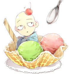  1boy bald blush cherry cream doudoude_dou food fruit ice ice_cream male_focus one-punch_man saitama_(one-punch_man) solo spoon sundae wafer 