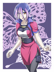  belt butterfly droite droite_(yuu-gi-ou_zexal) female multicolored_hair orange_eyes pataniito pataryouto purple_background purple_hair short_hair skirt solo yu-gi-oh! 