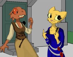  anthro argonian bethesda_game_studios bra breasts claws clothing duo fanfiction felid female female/female fur katia_managan kazerad khajiit mammal microsoft oblivion orange_sclera prequel_adventure quill-weave red_body red_scales reptile scales scalie the_elder_scrolls underwear yellow_body yellow_fur 