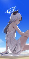  absurdres alternate_costume beach bikini black_bikini black_horns blue_archive demon_horns demon_wings earclip female from_side grey_halo halo highres horns kayoko_(blue_archive) looking_to_the_side multicolored_hair piercing revebw see-through_clothes side-tie_bikini_bottom single_wing solo string_bikini swimsuit two-tone_hair wings 