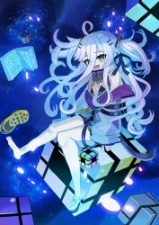  absurdres ahoge black_bra bra breasts cleavage_cutout clothing_cutout commentary crocs cube dress female full_body grey_hair haikuyomi_(819) hair_between_eyes hair_ornament hair_ribbon hairclip hashtag-only_commentary henya_the_genius henya_the_genius_(1st_costume) highres jacket long_bangs long_hair looking_at_viewer off_shoulder open_mouth partially_unzipped purple_dress purple_jacket purple_ribbon ribbon sidelocks single_bare_foot sitting sky sleeveless sleeveless_dress small_breasts smile solo space star_(sky) starry_sky two_side_up underwear very_long_hair virtual_youtuber vshojo 