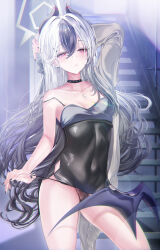  absurdres black_bow black_choker black_dress black_hair black_nails black_panties blue_archive blush bow cardigan choker demon_girl demon_horns demon_wings dress female hair_between_eyes hairbow highres horns kayoko_(blue_archive) kayoko_(dress)_(blue_archive) long_hair looking_at_viewer multicolored_hair panties parted_lips red_eyes sidelocks single_bare_arm single_bare_shoulder single_wing sleeveless sleeveless_dress solo teru_minasu two-tone_hair underwear white_cardigan white_hair wings 