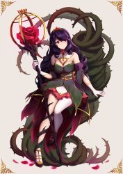  absurdres alternate_costume armpit_crease bare_shoulders blunt_bangs breasts brown_background cleavage closed_mouth curly_hair detached_collar detached_sleeves dress eda_(epic_seven) english_commentary epic_seven flower full_body gloves glowing head_tilt headpiece highres holding holding_staff holding_weapon large_breasts leaning_back leaning_to_the_side light_particles long_hair looking_to_the_side lunerei petals plant pointy_ears puffy_short_sleeves puffy_sleeves purple_hair red_eyes red_flower red_petals red_rose rose rose_petals short_sleeves single_thighhigh sitting socks staff thick_thighs thighhighs thighs thorns tiara vines weapon white_gloves white_socks 