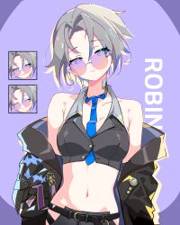  absurdres belt belt_buckle black_belt black_coat blue_eyes blue_hair blue_necktie breasts buckle closed_eyes closed_mouth clothes_down coat collarbone epic_seven female grey_hair grin hair_intakes highres midriff multicolored_hair navel necktie pink-tinted_eyewear qri robin_(epic_seven) round_eyewear short_hair small_breasts smile solo standing stomach sunglasses tinted_eyewear two-tone_hair 