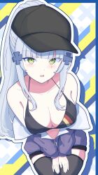  absurdres baseball_cap black_bra black_hat black_thighhighs bra breasts clover_hair_ornament collarbone female german_flag girls&#039;_frontline girls&#039;_frontline_2:_exilium green_eyes grey_hair hair_ornament hands_on_thighs hat highres hk416_(girls&#039;_frontline) jacket klukai_(girls&#039;_frontline_2) large_breasts long_hair looking_at_viewer off_shoulder open_mouth outline ponytail purple_jacket solo teardrop_facial_mark thighhighs uchikata_takeaki underwear white_outline 