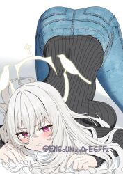  absurdres all_fours alternate_costume bent_over black_sweater blue_archive blue_pants blush breast_press breasts casual clenched_teeth commentary crossed_bangs curled_fingers denim female fingernails frown furrowed_brow grey_hair hair_between_eyes halo highres jeans large_breasts long_hair long_sleeves looking_at_viewer on_floor pants purple_eyes ribbed_sweater sakurako_(blue_archive) shadow simple_background sleeves_past_wrists solo sweatdrop sweater sweater_tucked_in teeth top-down_bottom-up turtleneck turtleneck_sweater twitter_username white_background yamano_rokamizu yellow_halo 