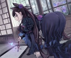  absurdres all_fours ass black_dress blue_eyes brown_hair calligraphy_brush cone_hair_bun dress ebichannoshippo fate/grand_order fate_(series) female hair_bun highres juliet_sleeves long_hair long_sleeves murasaki_shikibu_(fate) paintbrush puffy_sleeves window writing 