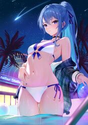  absurdres ass_visible_through_thighs bare_shoulders bikini black_choker black_jacket blue_eyes blue_hair breasts choker closed_mouth comet female front-tie_bikini_top front-tie_top hair_ribbon hand_on_own_stomach hashtag-only_commentary highres hololive hoshimachi_suisei jacket long_hair navel night night_sky off_shoulder open_clothes open_jacket outdoors plaid_clothes plaid_jacket ponytail ribbon side-tie_bikini_bottom skindentation sky small_breasts solo star_(sky) starry_sky stomach string_bikini swimsuit telu_(teluscarlet) thighs very_long_hair virtual_youtuber wading water wet white_bikini 