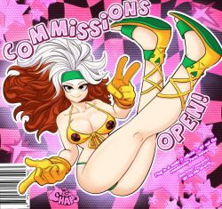 absurdres animification ass bikini breasts brown_hair colored_bangs female gloves green_eyes green_headband headband highres large_breasts long_hair looking_at_viewer marvel multicolored_hair rogue_(x-men) smile solo sonchapo swimsuit two-tone_hair white_hair x-men yellow_gloves 