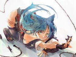  :3 blue_hair chains female fingerless_gloves floating_hair gloves highres japanese_clothes kimono long_hair looking_at_viewer ninja rance_(series) sandals sengoku_rance short_kimono shuriken smile solo suzume_(rance) thighhighs top-down_bottom-up tsutsugano weapon yellow_eyes zouri 