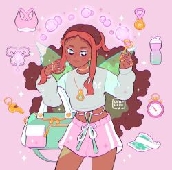 +_+ aisha_(winx_club) animal_print blue_nails blush_stickers bottle bra brown_hair bubble bubble_wand butterfly_print casual closed_mouth commentary cowboy_shot cropped_sweater dark-skinned_female dark_skin earrings english_commentary eyeshadow fairy fairy_wings female forehead green_eyes green_hat green_ribbons green_sweater green_wings hand_in_own_hair hat holding holding_wand jewelry leaphere lipstick long_hair long_sleeves looking_at_viewer makeup medal midriff multicolored_hair multiple_rings nail_polish navel orange_hair pendant pink_background pink_eyeshadow pink_shorts pink_sports_bra puffy_long_sleeves puffy_sleeves red_lips ribbon ring shorts sidelocks simple_background sleeves_past_wrists smile solo sparkle sparkling_eyes sports_bra stopwatch streaked_hair sweater thick_eyebrows thighs transparent_wings underwear unworn_bra unworn_hat unworn_headwear very_dark_skin very_long_hair visor_cap waist_ribbon wand water_bottle wavy_hair whistle white_ribbon wings winx_club 
