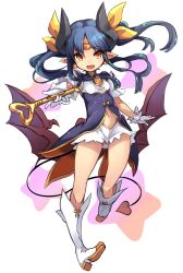  :d boots breasts circlet clothing_cutout demon_tail female gloves highres holding holding_wand karukan_(monjya) long_hair navel navel_cutout parted_bangs pointy_ears ruruie_(shinrabanshou) shinrabanshou small_breasts smile solo tail twintails wand white_boots white_gloves wings yellow_eyes 