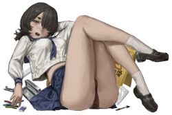  black_hair black_shoes blue_neckerchief blue_sailor_collar blue_skirt brown_eyes character_request copyright_request eraser female guideoflothric1 hair_over_one_eye highres loafers midriff neckerchief open_mouth pencil ruler sailor_collar school_uniform serafuku shirt shoes simple_background skirt socks solo teeth thighs upper_teeth_only white_background white_shirt white_socks 