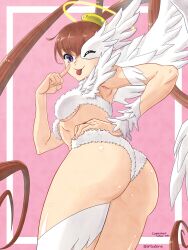  absurdres amano_nene_(digimon_xros_wars) artcetona ass breasts brown_hair closed_mouth commission cowboy_shot digimon digimon_xros_wars english_text female from_behind half_mask halo head_wings highres long_hair looking_at_viewer looking_back luminamon_(nene_ver.) mask medium_breasts one_eye_closed panties pink_background purple_eyes simple_background single_wing solo strapless tongue tongue_out tube_top twitter_username underwear very_long_hair white_panties white_tube_top wings yellow_halo 