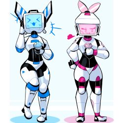 :3 avalon_(baronflint) baronflint camelot_(baronflint) chewing cupcake duo female food hand_on_hip humanoid machine male robot robot_humanoid screen screen_face simple_background 