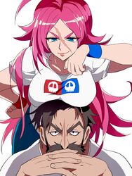  1boy ahoge beard blue_eyes breast_rest breasts breasts_on_head cleavage commentary_request cosplay edward_teach_(fate) edward_teach_(fate)_(cosplay) edward_teach_(final_ascension)_(fate) edward_teach_(final_ascension)_(fate)_(cosplay) facial_hair fate/extra fate/grand_order fate_(series) female francis_drake_(fate) gendou_pose highres large_breasts long_hair looking_at_viewer nui_saki own_hands_clasped own_hands_together pink_hair scar smile straight 