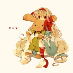  :3 apron azpainter_(medium) bandaged_leg bandages barefoot blonde_hair blue_dress body_blush bow bow_hairband buckle chomachi commentary_request covered_face dress female frilled_dress frills full_body green_jumpsuit green_pants hair_between_eyes hairband holding holding_stuffed_toy hugging_object jumpsuit kagerou_project kozakura_marry long_hair looking_at_viewer pants pants_rolled_up red_bow red_eyes red_hairband ribbon simple_background sleeves_past_elbows sleeves_rolled_up solo souzou_forest_(vocaloid) stuffed_animal stuffed_rabbit stuffed_toy toes very_long_hair white_apron white_background 