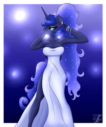  2017 absurd_res alicorn anthro anthrofied aura blue_eyes blue_hair bracelet breasts clothed clothing conditional_dnp digital_media_(artwork) dress equid equine eyelashes eyeshadow female friendship_is_magic fur hair half-closed_eyes hasbro hi_res horn jewelry makeup mammal my_little_pony mythological_creature mythological_equine mythology narrowed_eyes nexcoyotlgt princess_luna_(mlp) simple_background solo standing white_clothing white_dress wings 