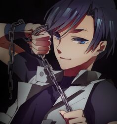  1boy black_hair blue_eyes bracelet cardfight!!_vanguard cardfight!!_vanguard_g chains commentary_request earrings jewelry male_focus mutsuki_jun solo upper_body wakamiso 