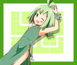  a-ktoo blush china_dress chinese_clothes commentary_request dress female flat_chest green_eyes green_hair marona_(phantom_brave) one_eye_closed open_mouth phantom_brave short_hair smile solo 