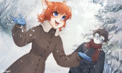  2016 anthro better_version_at_source blue_eyes brown_hair clothed clothing cute_fangs domestic_cat duo edgar_(iskra) felid feline felis female freckles fur gloves grey_body grey_fur hair hand_in_pocket handwear iskra jacket male mammal open_mouth open_smile orange_body orange_fur orange_hair outside pink_nose plant pockets scarf smile snow snowing story story_in_description tabby_cat topwear tree vera_(iskra) whiskers white_body white_fur winter 