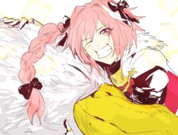  1boy bird blush braid cape clenched_teeth closed_eyes fate/apocrypha fate_(series) gloves grin long_hair one_eye_closed open_mouth pink_eyes pink_hair ribbon rider_of_black 