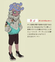  1boy bad_id bad_twitter_id bike_shorts character_profile colored_sclera dark-skinned_male dark_skin green_sclera grey_background hands_in_pockets headphones jacket katou_(osoraku) male_focus octoling octoling_boy octoling_player_character purple_eyes purple_hair shoes simple_background sneakers solo splatoon_(series) splatoon_1 tentacle_hair translation_request 