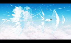  above_clouds asgr bed black_hair blanket cloud commentary_request contrail female flying highres letterboxed nose_bubble original scenery sky sleeping solo sonic_boom_(speed) translated 