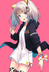  bad_id bad_pixiv_id black_jacket blue_eyes blunt_bangs claw_pose commentary_request female grey_hair hair_ornament hood hooded_jacket jacket kaguya_luna long_sleeves looking_at_viewer multicolored_nails multicolored_ribbon nail_polish pink_background ranmaruuuu00 ribbon short_hair simple_background solo the_moon_studio thighhighs twintails virtual_youtuber wrist_ribbon x_hair_ornament 