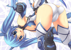  armpits blue_eyes blue_footwear blue_hair boots cameltoe cleavage_cutout clothing_cutout commentary_request female flat_chest gloves long_hair looking_back ore_twintail_ni_narimasu revealing_clothes solo srwsrx_(gp03dsrx) tailblue thighhighs twintails upside-down white_thighhighs 