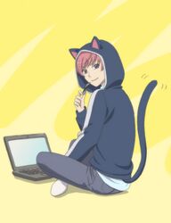  1boy animal_hood at_computer back card cardfight!!_vanguard cardfight!!_vanguard_g cat_hood cat_tail christopher_lo commentary_request computer hood male_focus mechanical_pencil mugicha_014 pencil pink_hair sitting socks solo tail yellow_background 