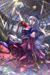  blue_dress braid branch breasts commentary_request constellation constellation_print dome dress earth_(planet) female frilled_sleeves frills hat highres jeweled_branch_of_hourai library long_hair looking_at_viewer medium_breasts night night_sky open_mouth orrery planet puffy_short_sleeves puffy_sleeves red_dress ryosios short_sleeves single_braid skirt_hold sky solo star_(sky) starry_sky touhou two-tone_dress very_long_hair yagokoro_eirin yellow_eyes 