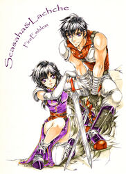  1boy :d armor black_hair boots brother_and_sister character_name commentary_request copyright_name dress elbow_gloves female fingerless_gloves fire_emblem fire_emblem:_genealogy_of_the_holy_war gloves kneeling larcei_(fire_emblem) open_mouth photoshop_(medium) purple_eyes scathach_(fire_emblem) short_hair shoulder_pads siblings side_slit single_thighhigh smile sword tamiya_akito thighhighs weapon white_legwear wrist_wrap 