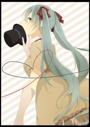  aqua_eyes aqua_hair bad_id bad_pixiv_id dress elbow_gloves ennui_heiwa_miku female gloves hair_ribbon hat hatsune_miku long_hair looking_back mogkaya ribbon solo striped striped_background top_hat twintails vocaloid 